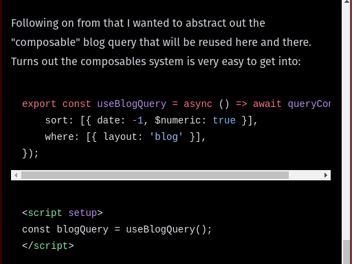 The wide code block maxing out at the page's width and showing a scrollbar for the longer lines of code within