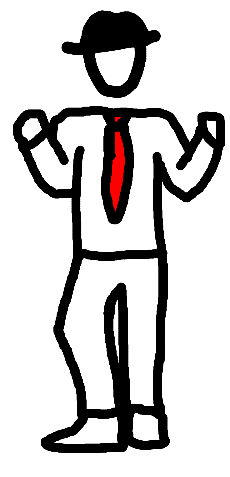 a linework figure with a black hat and a thin red tie slides in from the left