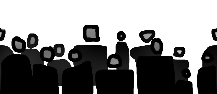 Silhouetted linework people are in the background.